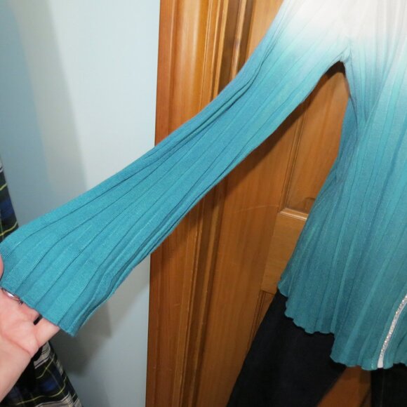 Belldini Ivory to Size Teal Ombre Rhinestone Zipper Jacket Cardigan Knit Large - Picture 5 of 12